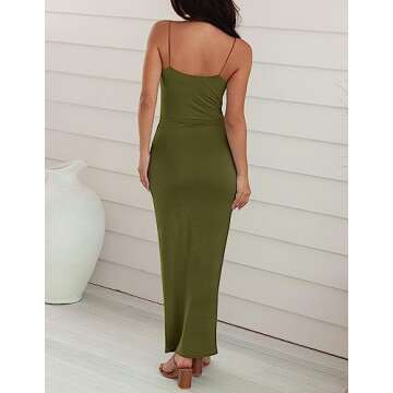 ZESICA Women's Spaghetti Strap Bodycon Maxi Dress 2024 Summer Sleeveless Backless Cocktail Wedding Party Long Dresses,ArmyGreen,Medium