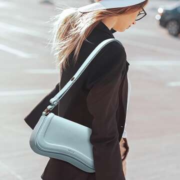 Keyli Women's Light Blue Hobo Handbag, Leather, 10.3" L x 2.4" W x 5.7" H, Magnetic Buckle Lock, Adj...