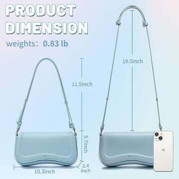 Keyli Women's Light Blue Hobo Handbag, Leather, 10.3" L x 2.4" W x 5.7" H, Magnetic Buckle Lock, Adjustable Handle Drop, Canvas Interior, Ideal for Travel