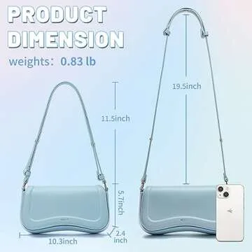 Keyli Women's Light Blue Hobo Handbag, Leather, 10.3" L x 2.4" W x 5.7" H, Magnetic Buckle Lock, Adjustable Handle Drop, Canvas Interior, Ideal for Travel