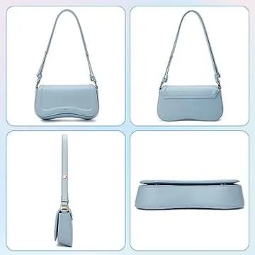 Keyli Women's Light Blue Hobo Handbag, Leather, 10.3" L x 2.4" W x 5.7" H, Magnetic Buckle Lock, Adjustable Handle Drop, Canvas Interior, Ideal for Travel