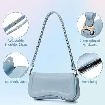 Keyli Women's Light Blue Hobo Handbag, Leather, 10.3" L x 2.4" W x 5.7" H, Magnetic Buckle Lock, Adjustable Handle Drop, Canvas Interior, Ideal for Travel