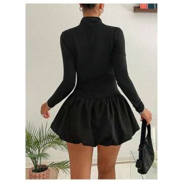MakeMeChic Women's Mock Neck Ruffle Flared Hem Long Sleeve Slim Fit A Line Short Dress Black Small