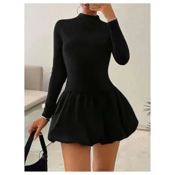 MakeMeChic Women's Mock Neck Ruffle Flared Hem Long Sleeve Slim Fit A Line Short Dress Black Small