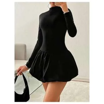 MakeMeChic Women's Mock Neck Ruffle Flared Hem Long Sleeve Slim Fit A Line Short Dress Black Small