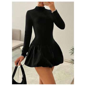 MakeMeChic Women's Mock Neck Ruffle Flared Hem Long Sleeve Slim Fit A Line Short Dress Black Small