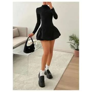 MakeMeChic Women's Mock Neck Ruffle Flared Hem Long Sleeve Slim Fit A Line Short Dress Black Small