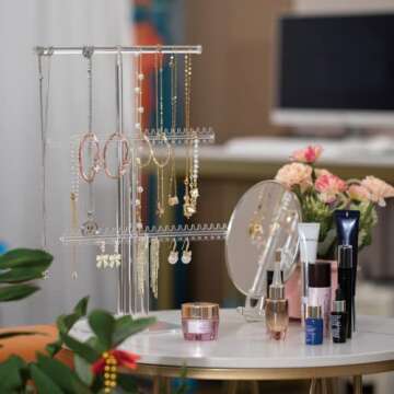 lengnoyp Premium Jewelry Stand, Earring Holder, Necklace Holder Stand, Clear 3-Tier Acrylic Large St...