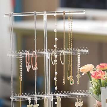 lengnoyp Premium Jewelry Stand, Earring Holder, Necklace Holder Stand, Clear 3-Tier Acrylic Large Storage Jewelry Organizer Stand & Bracelet/Bangles Stand, 48 Earring Holes Display Stands