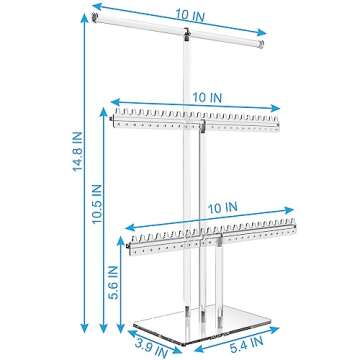 lengnoyp Premium Jewelry Stand, Earring Holder, Necklace Holder Stand, Clear 3-Tier Acrylic Large Storage Jewelry Organizer Stand & Bracelet/Bangles Stand, 48 Earring Holes Display Stands