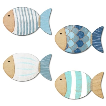 Putuo Decor 4 Pcs Wood Fish Wall Art - Nautical Beach Decor