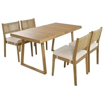 LUMISOL 5 Piece Outdoor Dining Table Set, Acacia Wood Dining Table and Chairs Set with Thick Cushions, Farmhouse Kitchen Table Set for Indoor and Outdoor, Beige