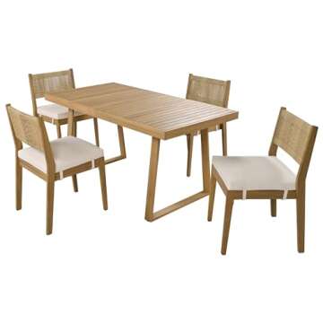 LUMISOL 5 Piece Outdoor Dining Table Set, Acacia Wood Dining Table and Chairs Set with Thick Cushions, Farmhouse Kitchen Table Set for Indoor and Outdoor, Beige