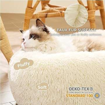 Bedsure Calming Cat Bed for Indoor Cats - Small Washable Round Cat Bed, Anti-Slip Fluffy Plush Faux ...