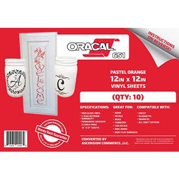 (10 Sheets) Oracal 651 Pastel Orange Adhesive Craft Vinyl for Cricut, Silhouette, Cameo, Craft Cutters, Printers, and Decals - 12" x 12" - Gloss Finish - Outdoor and Permanent