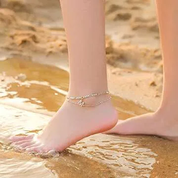 Ursteel Ankle Bracelets for Women, E Initial Anklet 14K Gold Plated Dainty Adjustable Layered Chain with CZ Letter E Initial Anklets Set Summer Jewelry Gifts Anklets for Women