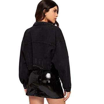 Floerns Women's Casual Drop Shoulder Ripped Crop Denim Jean Jacket A Black XL