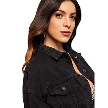 Floerns Women's Casual Drop Shoulder Ripped Crop Denim Jean Jacket A Black XL