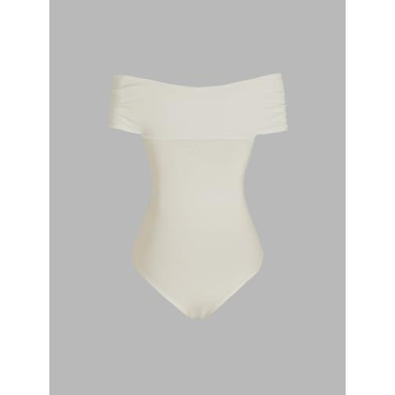 CIDER Women's French Riviera Vacation Solid Off-shoulder Bodysuit: Khaki, Small