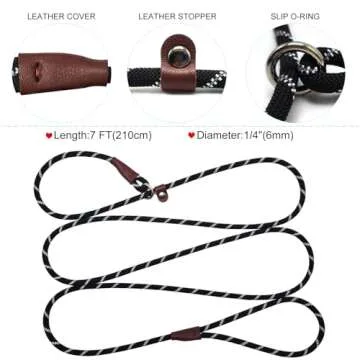Boswany 7Ft Slip Lead Dog Leash for Small Dogs, No Pull Small Puppy Pet Training Leash, Lightweight Nylon Rope Leash, Black