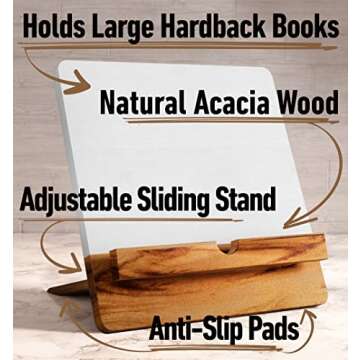 Acacia Cookbook Stand for Kitchen Counter - 12" x 12" Large Adjustable Wood Book Stand for Cookbooks...