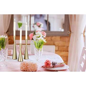 Vixdonos Brass Gold Taper Candlestick Holders Metal Candle Holders Set of 3 Table Mantel Decorative Candle Stand for Wedding, Dinning, Party,Home Decor (Gold)