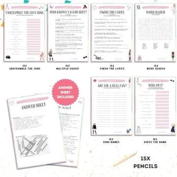 Echoglimmer Taylor Party Favor Games Merch - 6 Games for 15 Guests Taylor Party Favors, TS Party Supplies Double Sided Party Games Cards with 15 Pencils, Birthday Party Favors Decorations