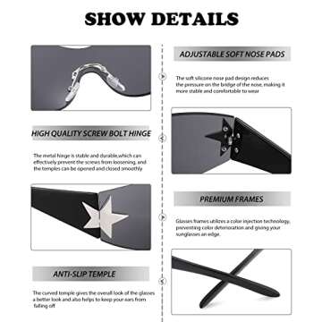 NULOOQ Rimless Y2K Sunglasses for Women Men – Trendy Star Shield Wrap Around Sunglasses Oversized Frameless Sun Glasses (Black/Gray)