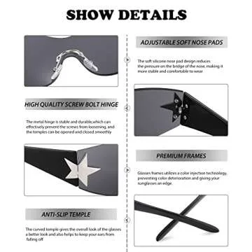 NULOOQ Rimless Y2K Sunglasses for Women Men – Trendy Star Shield Wrap Around Sunglasses Oversized Frameless Sun Glasses (Black/Gray)
