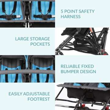 Dream On Me Volgo Twin Umbrella Stroller in Blue, Lightweight Double Stroller for Infant & Toddler, Compact Easy Fold, Large Storage Basket, Large and Adjustable Canopy