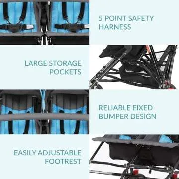 Dream On Me Volgo Twin Umbrella Stroller in Blue, Lightweight Double Stroller for Infant & Toddler, Compact Easy Fold, Large Storage Basket, Large and Adjustable Canopy