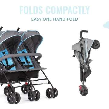 Dream On Me Volgo Twin Umbrella Stroller in Blue, Lightweight Double Stroller for Infant & Toddler, Compact Easy Fold, Large Storage Basket, Large and Adjustable Canopy