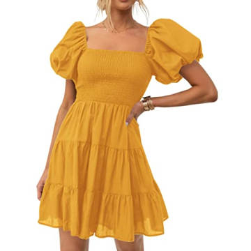 ZESICA Women's Boho Summer Square Neck Puff Sleeve Off Shoulder Smocked Tiered Casual A Line Short M...