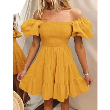 ZESICA Women's Puff Sleeve A Line Mini Dress in Yellow