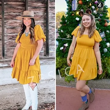 ZESICA Women's Puff Sleeve A Line Mini Dress in Yellow