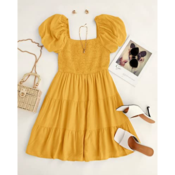 ZESICA Women's Puff Sleeve A Line Mini Dress in Yellow