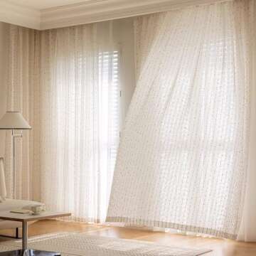 KMSG Vintage Linen Sheer Curtains with Colorful Pom Poms – Light Filtering Drapes for Bedroom & Li...