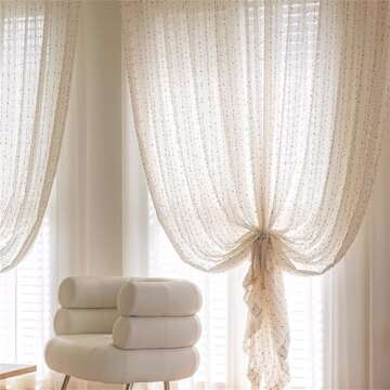 KMSG Vintage Linen Sheer Curtains with Colorful Pom Poms