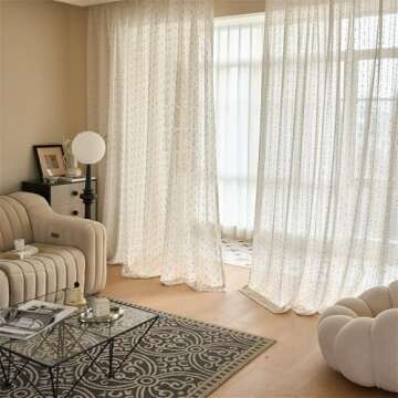 KMSG Vintage Linen Sheer Curtains with Colorful Pom Poms
