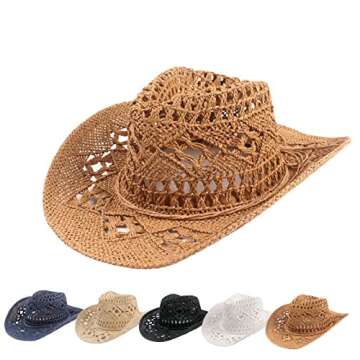 Jokejojack Straw Hat Hollow Out Cowboy Hat with Belt Cowgirl Sun Hat Summer Beach Travel Beige