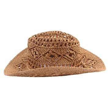 Jokejojack Straw Hat Hollow Out Cowboy Hat with Belt Cowgirl Sun Hat Summer Beach Travel Beige