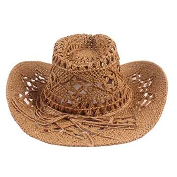 Jokejojack Straw Hat Hollow Out Cowboy Hat with Belt Cowgirl Sun Hat Summer Beach Travel Beige