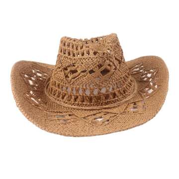 Jokejojack Straw Hat Hollow Out Cowboy Hat with Belt Cowgirl Sun Hat Summer Beach Travel Beige