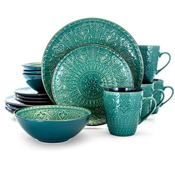 Elama 16-Piece Ocean Teal & Green Dinnerware Set