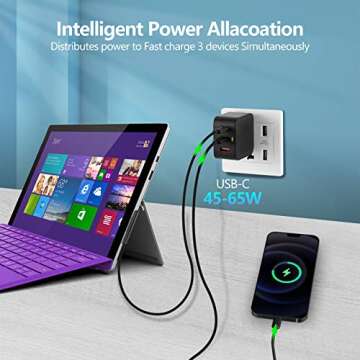 65W GaN USB C PD 3.0 QC 3.0 Charger, Surface Pro Mini Travel Charger for Surface Pro 3/4/5/6/2017/Su...