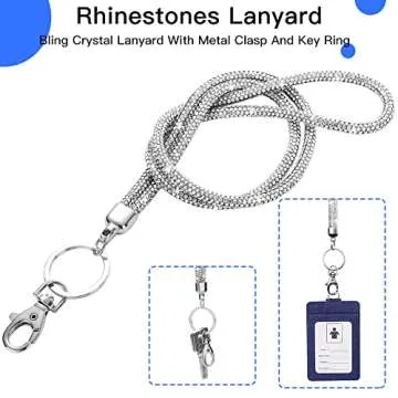 SAVORI Key Lanyard For Women, Rhinestone Lanyard Bling ID Card Holder Cute Neck Lanyard with Metal Clasp Keyring (White)