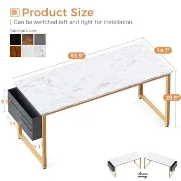 ODK Computer Desk Large Office Desk, 55 Inch Gaming Desk with Storage, Modern PC Desk Work Table with Headphone Hook for Home Office, White Marble + Gold Leg