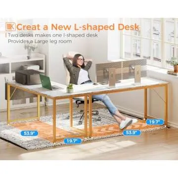 ODK Computer Desk Large Office Desk, 55 Inch Gaming Desk with Storage, Modern PC Desk Work Table with Headphone Hook for Home Office, White Marble + Gold Leg