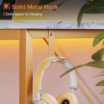 ODK Computer Desk Large Office Desk, 55 Inch Gaming Desk with Storage, Modern PC Desk Work Table with Headphone Hook for Home Office, White Marble + Gold Leg