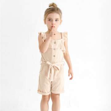 Kid Toddler Girl Clothes Girls 5t Outfits Casual Sleeveless Jumpsuits Ruffle Ribbed Romper with Pockets Girls' Clothing Sets Summer Outfit for Girls Clothes 4-5t Beige